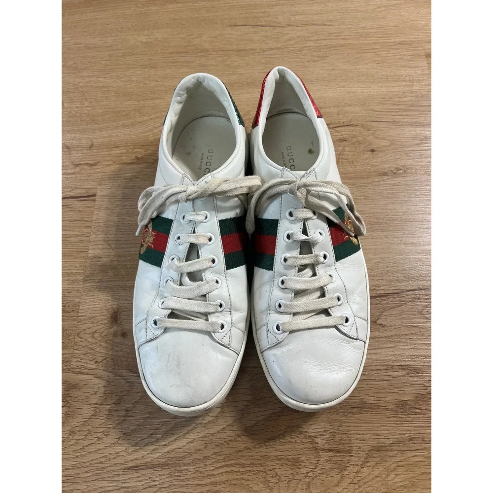 Gucci Ace Bee Sneakers Size 40 White Leather Green Red Web Stripe Italy Unisex